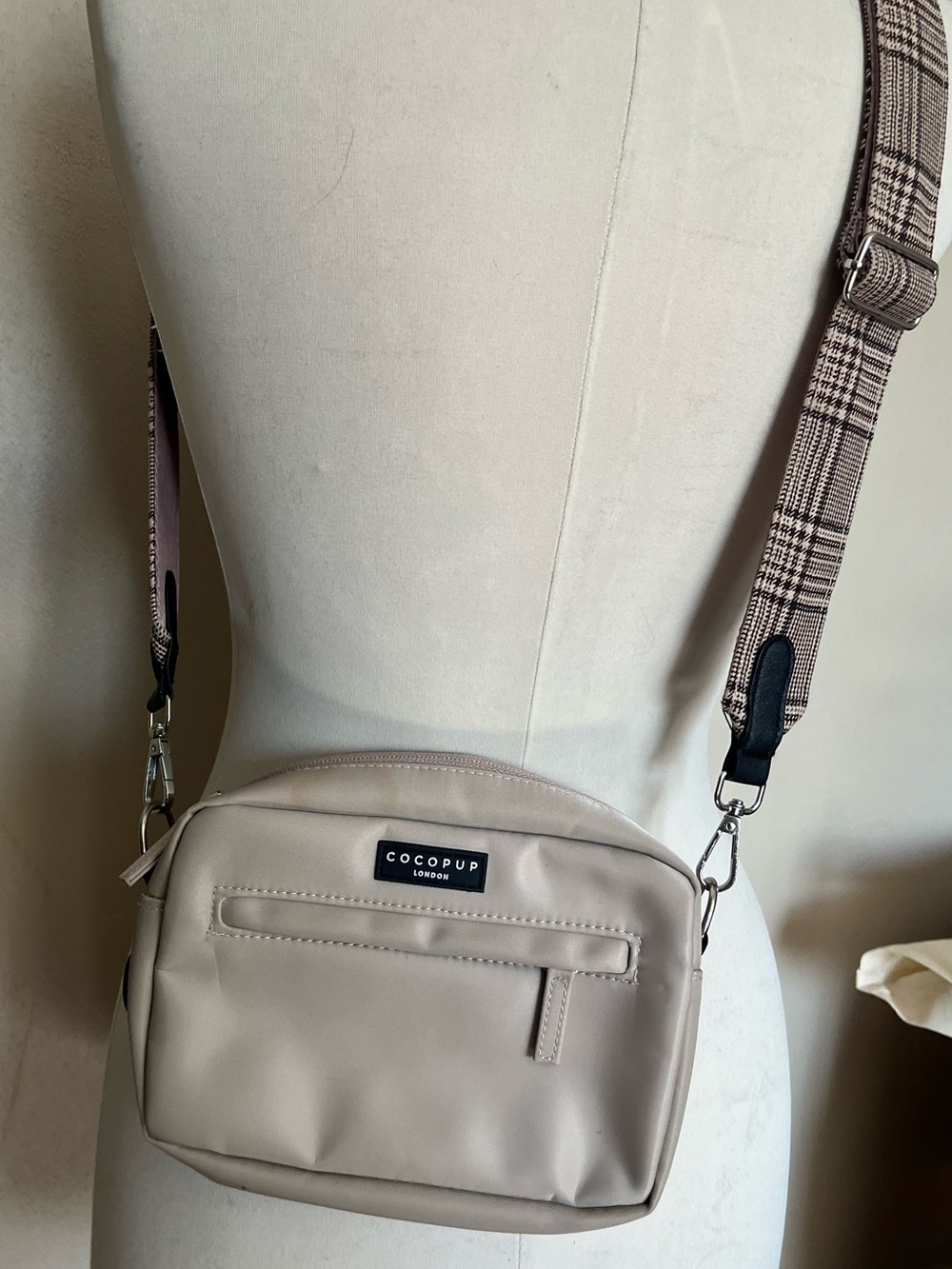 Beige Crossbody Bag with Plaid Adjustable Strap